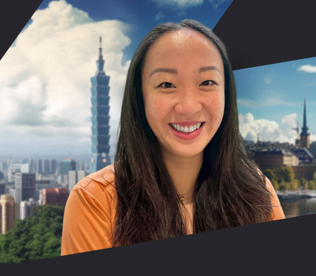 A picture of Victoria an account manager at Fastdev a swedish software consultancy firm in frmo of a montage photo depicting Stockholm and Taipei